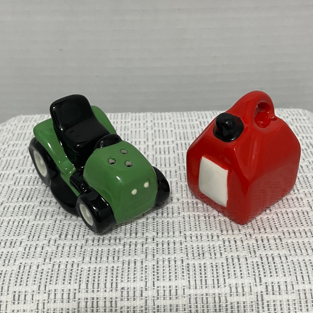 Green Toy Lawn Mower and Red Gas Can Ceramic Salt & Pepper Shakers